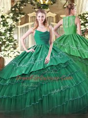 Amazing Straps Sleeveless Zipper Quinceanera Dresses Dark Green Organza and Taffeta
