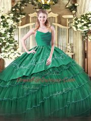 Amazing Straps Sleeveless Zipper Quinceanera Dresses Dark Green Organza and Taffeta