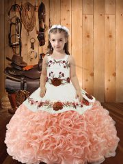 Fabric With Rolling Flowers Sleeveless Floor Length Little Girl Pageant Gowns and Embroidery and Ruffles