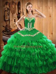 Lovely Green Lace Up Sweetheart Embroidery and Ruffled Layers Sweet 16 Dresses Satin and Organza Sleeveless
