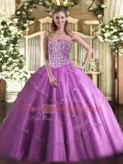 Inexpensive Floor Length Lilac Quinceanera Gowns Tulle Sleeveless Beading