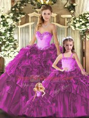 Attractive Organza Sweetheart Sleeveless Lace Up Ruffles Quince Ball Gowns in Fuchsia