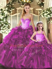 Attractive Organza Sweetheart Sleeveless Lace Up Ruffles Quince Ball Gowns in Fuchsia