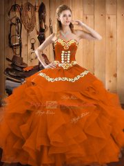 Deluxe Rust Red Lace Up Quince Ball Gowns Embroidery and Ruffles Sleeveless Floor Length