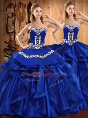 High Quality Royal Blue Organza Lace Up Sweet 16 Dress Sleeveless Floor Length Embroidery and Ruffles