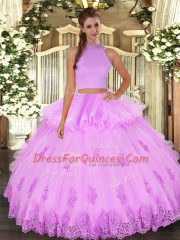 Lilac Sleeveless Floor Length Beading and Appliques and Ruffles Backless 15th Birthday Dress