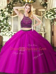 Halter Top Sleeveless Zipper Vestidos de Quinceanera Fuchsia Tulle