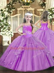 High Class Lilac Sleeveless Ruffles and Sequins Floor Length Little Girl Pageant Gowns