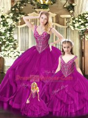 Perfect Fuchsia Lace Up Straps Beading and Ruffles Sweet 16 Quinceanera Dress Tulle Sleeveless