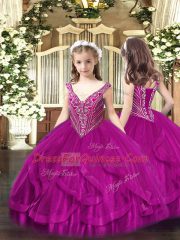 Perfect Fuchsia Lace Up Straps Beading and Ruffles Sweet 16 Quinceanera Dress Tulle Sleeveless