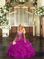 Perfect Fuchsia Lace Up Straps Beading and Ruffles Sweet 16 Quinceanera Dress Tulle Sleeveless