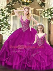 Perfect Fuchsia Lace Up Straps Beading and Ruffles Sweet 16 Quinceanera Dress Tulle Sleeveless