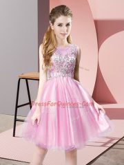 Rose Pink Tulle Zipper Prom Gown Sleeveless Knee Length Beading