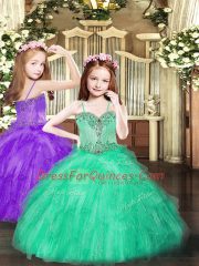 Turquoise Spaghetti Straps Neckline Beading and Ruffles Kids Formal Wear Sleeveless Lace Up
