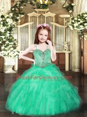 Turquoise Spaghetti Straps Neckline Beading and Ruffles Kids Formal Wear Sleeveless Lace Up