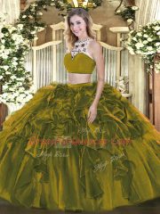 Floor Length Backless Sweet 16 Dress Olive Green for Military Ball and Sweet 16 and Quinceanera with Beading and Ruffles