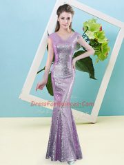 Wonderful Sequined V-neck Cap Sleeves Zipper Sequins Prom Dresses in Lilac