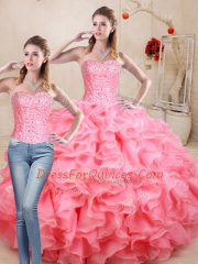 Sophisticated Watermelon Red Organza Lace Up Sweetheart Sleeveless Floor Length Quinceanera Dresses Beading and Ruffles