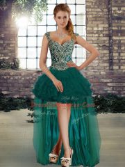 Dark Green Straps Lace Up Beading and Ruffles Evening Dress Sleeveless