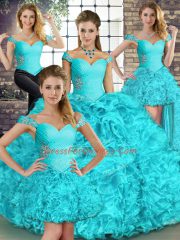 Graceful Aqua Blue Ball Gowns Off The Shoulder Sleeveless Organza Floor Length Lace Up Beading and Ruffles 15th Birthday Dress