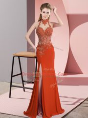 Best Selling Orange Red High-neck Backless Lace and Appliques Prom Dress Sleeveless