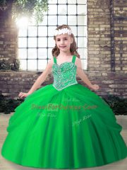 Unique Straps Sleeveless Tulle Little Girls Pageant Gowns Beading and Pick Ups Lace Up