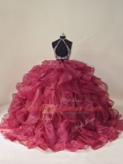 Luxury Backless Quinceanera Dresses Burgundy for Sweet 16 and Quinceanera with Beading and Ruffles Brush Train