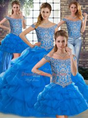 Sleeveless Tulle Brush Train Lace Up Ball Gown Prom Dress in Blue with Beading and Pick Ups