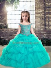 Off The Shoulder Sleeveless Little Girl Pageant Gowns Floor Length Beading and Ruffles Aqua Blue Organza