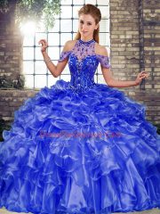 Sleeveless Floor Length Beading and Ruffles Lace Up Sweet 16 Dress with Blue