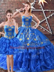 Blue Ball Gowns Organza Sweetheart Sleeveless Embroidery and Ruffled Layers Floor Length Lace Up Quinceanera Gown