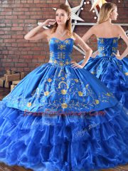 Blue Ball Gowns Organza Sweetheart Sleeveless Embroidery and Ruffled Layers Floor Length Lace Up Quinceanera Gown