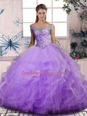 Custom Made Floor Length Lavender Sweet 16 Dresses Tulle Sleeveless Beading and Ruffles