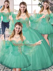 High Quality Turquoise Tulle Lace Up Sweet 16 Quinceanera Dress Sleeveless Floor Length Beading