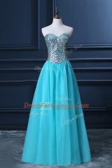 Aqua Blue A-line Tulle Sweetheart Sleeveless Beading Floor Length Zipper Prom Evening Gown