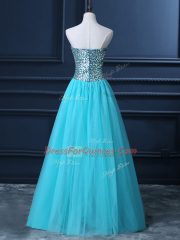 Aqua Blue A-line Tulle Sweetheart Sleeveless Beading Floor Length Zipper Prom Evening Gown