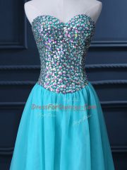 Aqua Blue A-line Tulle Sweetheart Sleeveless Beading Floor Length Zipper Prom Evening Gown