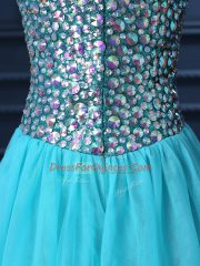 Aqua Blue A-line Tulle Sweetheart Sleeveless Beading Floor Length Zipper Prom Evening Gown
