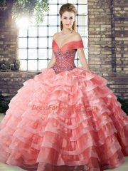 Custom Designed Watermelon Red Sleeveless Brush Train Beading and Ruffled Layers Sweet 16 Dresses