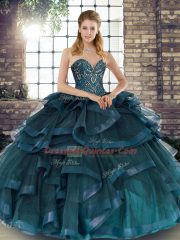 Best Sweetheart Sleeveless Quinceanera Gown Floor Length Beading and Ruffles Teal Tulle