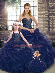 New Style Navy Blue Tulle Lace Up Sweet 16 Quinceanera Dress Sleeveless Floor Length Beading and Ruffles
