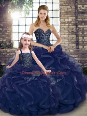 New Style Navy Blue Tulle Lace Up Sweet 16 Quinceanera Dress Sleeveless Floor Length Beading and Ruffles