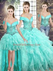 Aqua Blue Organza Lace Up Quinceanera Gowns Sleeveless Brush Train Beading and Ruffles