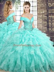 Aqua Blue Organza Lace Up Quinceanera Gowns Sleeveless Brush Train Beading and Ruffles