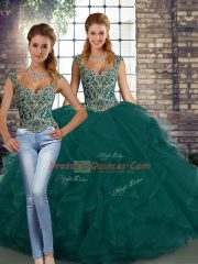 Spectacular Floor Length Peacock Green Sweet 16 Dress Straps Sleeveless Lace Up