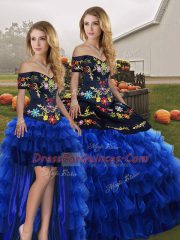 Simple Blue And Black Organza Lace Up Off The Shoulder Sleeveless Floor Length Quince Ball Gowns Embroidery and Ruffled Layers