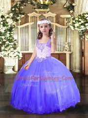 Blue Tulle Lace Up Little Girls Pageant Gowns Sleeveless Floor Length Beading