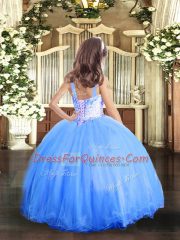 Blue Tulle Lace Up Little Girls Pageant Gowns Sleeveless Floor Length Beading