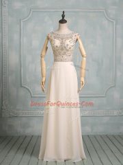 Floor Length Champagne Chiffon Cap Sleeves Beading