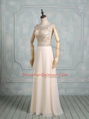 Floor Length Champagne Chiffon Cap Sleeves Beading